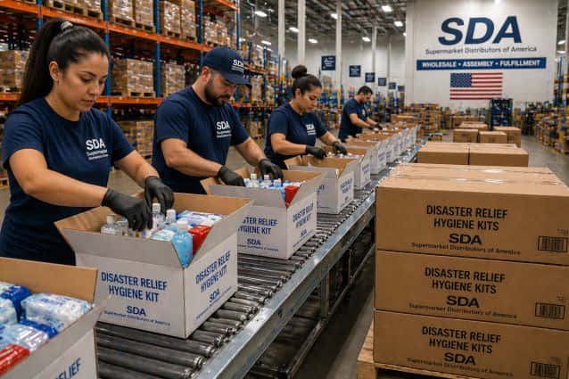 SDA fulfillment center staff assembling custom wholesale emergency and hygiene kits into master cases