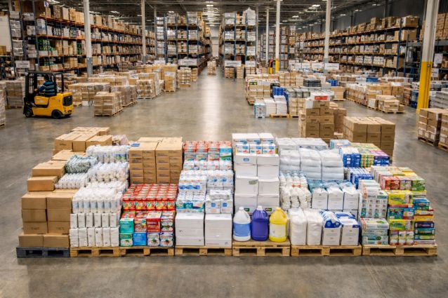 Pallets of wholesale supplies ready for institutional delivery