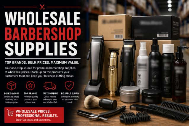 Mixed pallet of wholesale barbershop supplies including razors and shaving cream ready for distribution